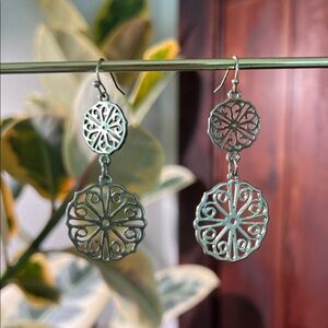 Filigree Double-Drop Dangle Earrings in Silver Tone